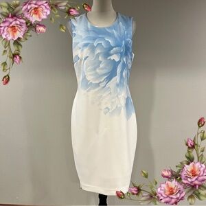 Calvin Klein sleeveless stretchy White Dress with Blue Floral Design size 12